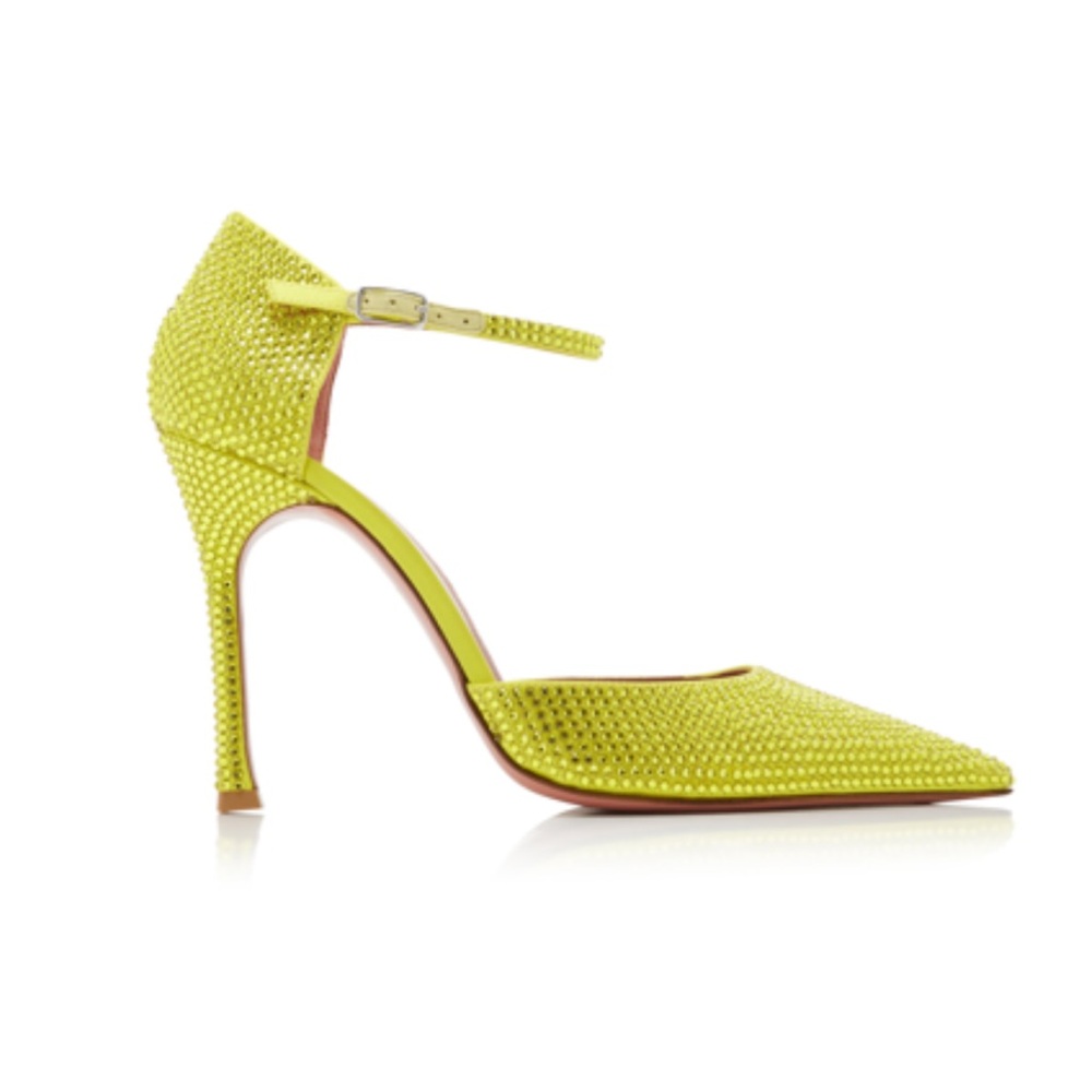 Amina Muaddi Vittoria Crystal Embellished Satin Pumps yellow size 37 NWT
